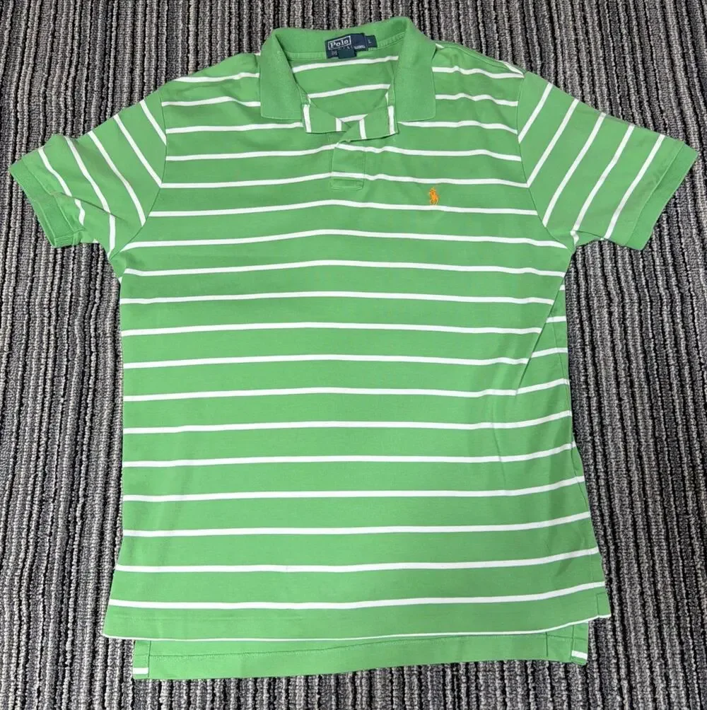 Polo Ralph Lauren Shirt Men's Size L Green White Stripe Preppy Gold Pony
